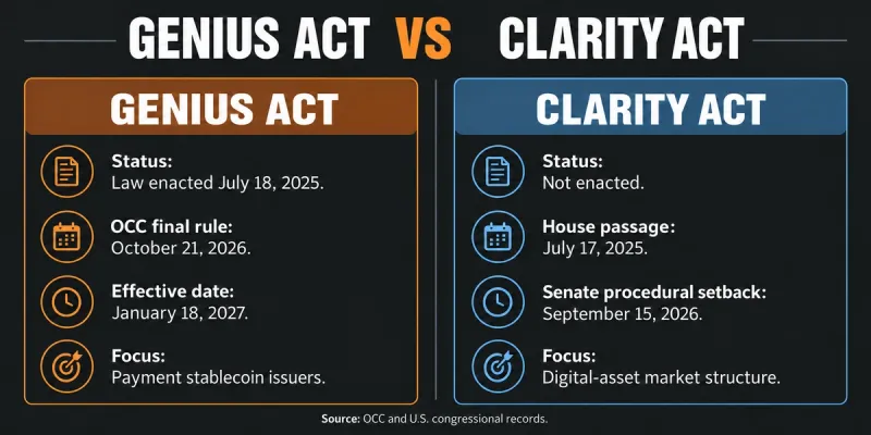 Stablecoin Rules Advance While Bitcoin's CLARITY Act Stalls