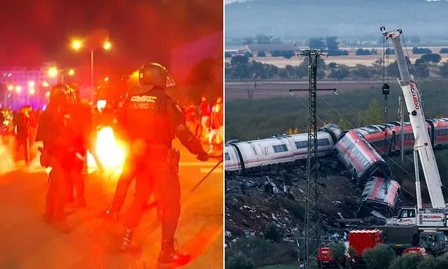 Train crash disaster that claimed 68 lives sparks violent demonstrations and clashes with riot cops in Madrid as audio of controller's 'catastrophic error' emerges