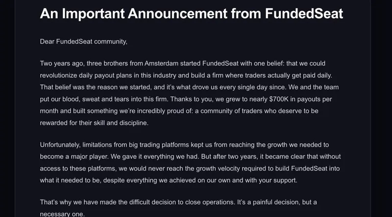 Futures Prop Firm FundedSeat Closes due to “Limitations from Big Trading Platforms”